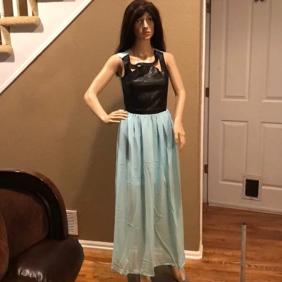 Blue and Black Faux Leather Sleeveless Maxi Dress - Picture 1 of 5